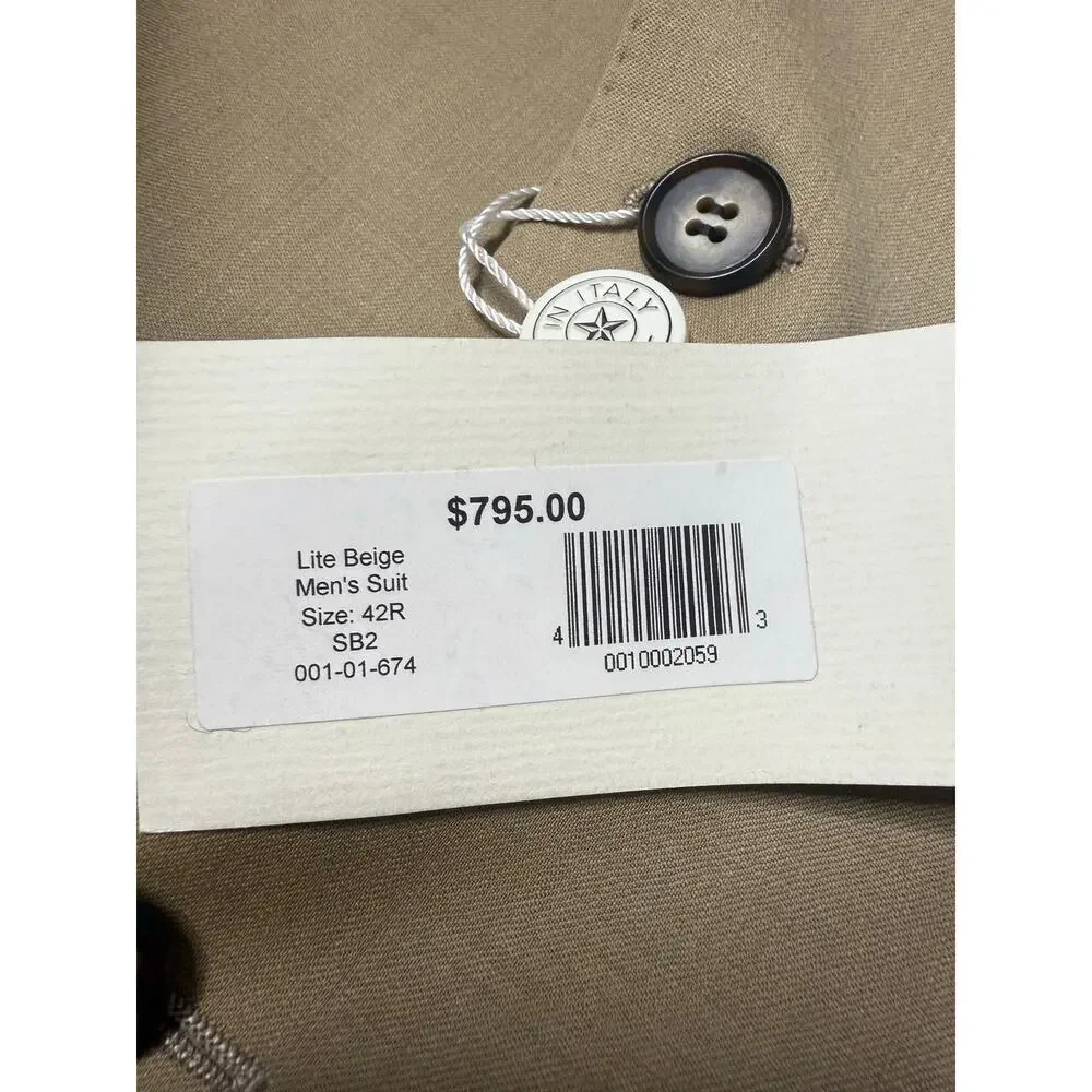 Super 120's Beltrami Italy Men’s Wool Suit Lite Beige - Made in Italy - Picture 9 of 16